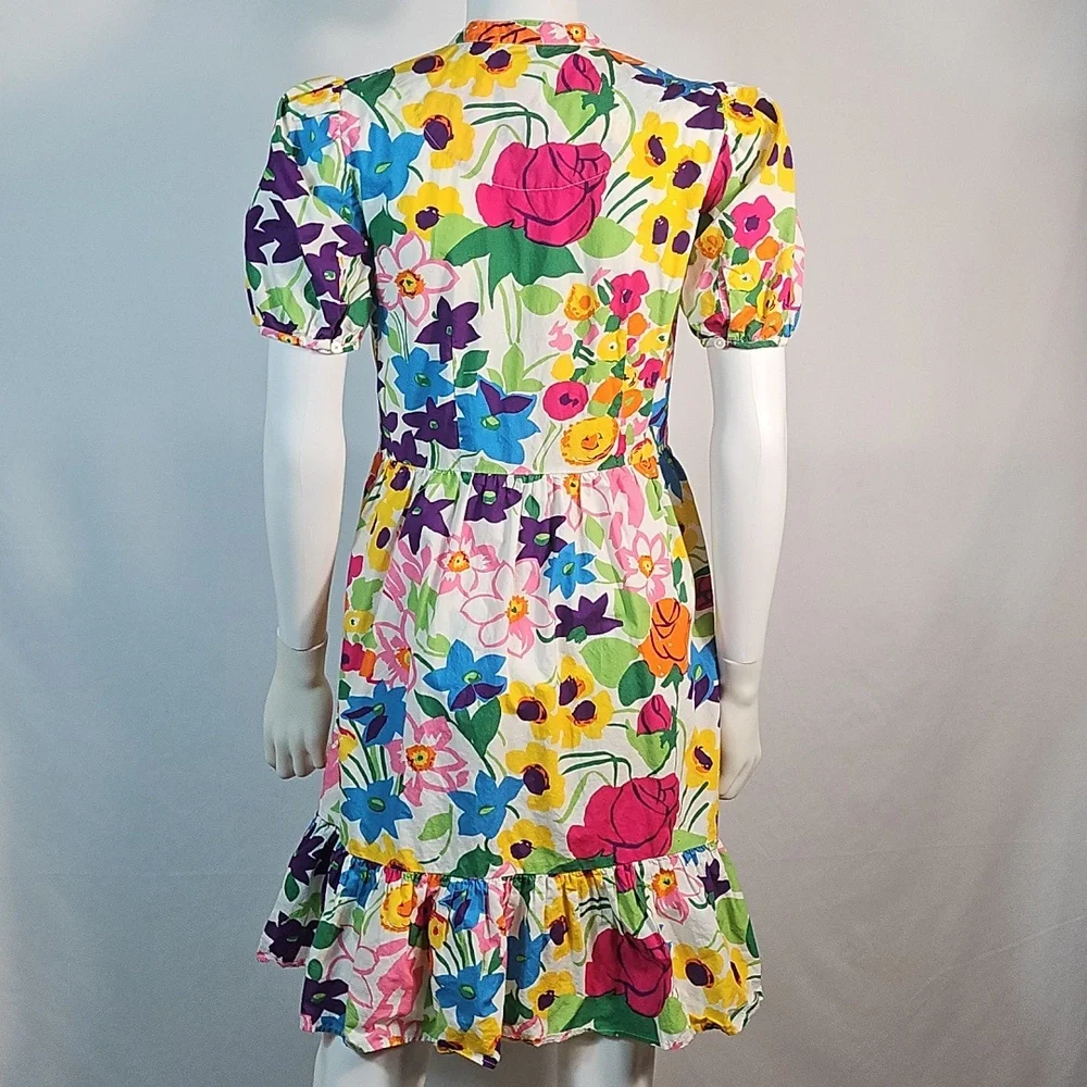 J. Crew 100% Cotton Vibrant Multi-Color Floral Puff Sleeve Ruffle Hem Dress - Picture 11 of 16
